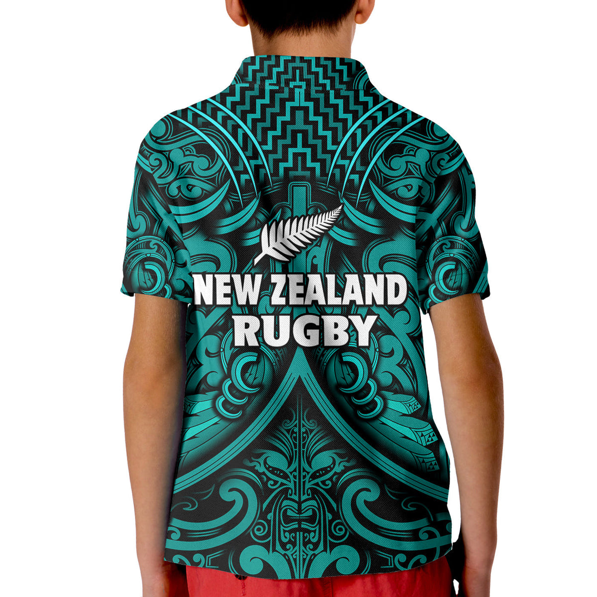 New Zealand Silver Fern Rugby Polo Shirt All Black Turquoise NZ Maori Pattern LT13 - Wonder Print Shop