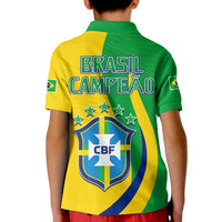 Kids soccer polo shirt back in green and yellow with BRASIL CAMPEAO text