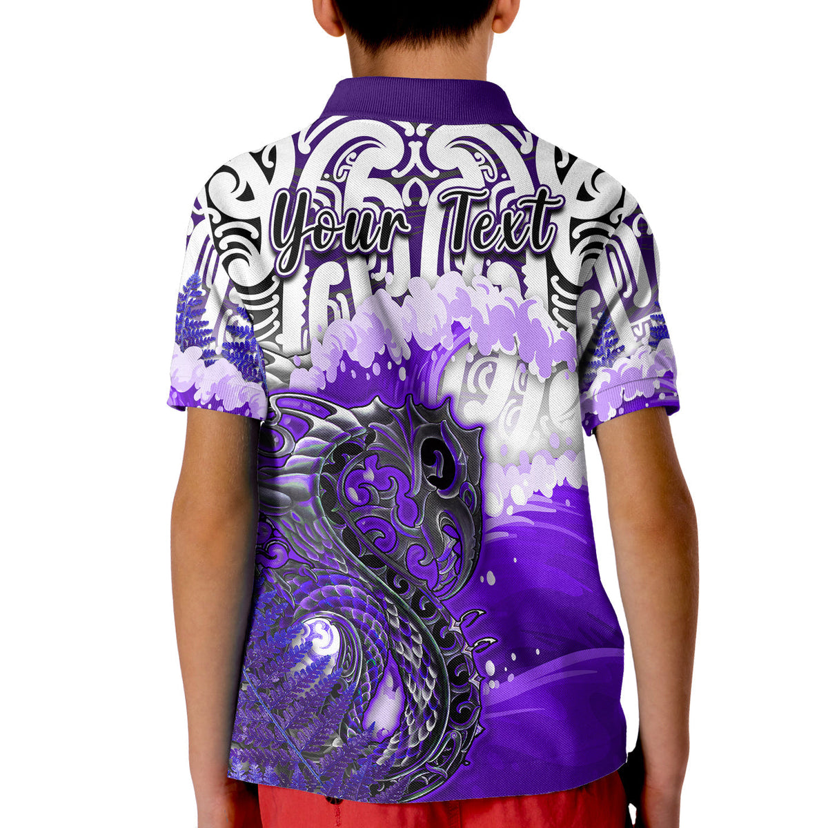 Custom Manaia Maori Polo Shirt KID Fern Aotearoa Purple Waves LT13 - Wonder Print Shop