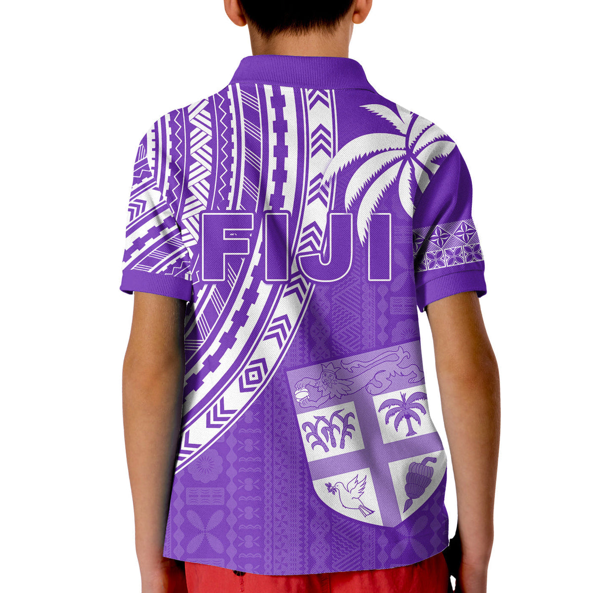 Kids purple polo shirt back with 7s lettering, crest shield, and patterned icons