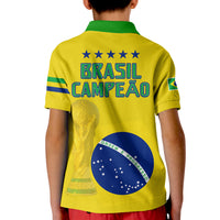 Kids yellow Brazil football polo shirt, back BRASIL CAMPEAO text, crest stars