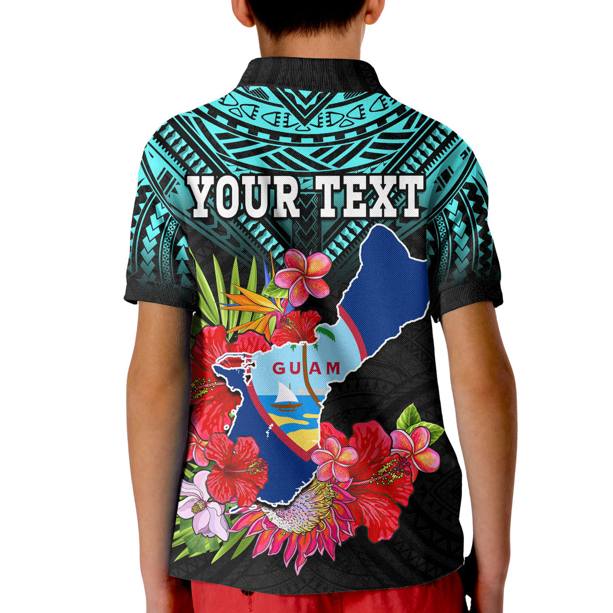 Custom Chamorro Guam Polo Shirt KID Guaman Latte Stone Tropical Flowers Turquoise Style - Wonder Print Shop