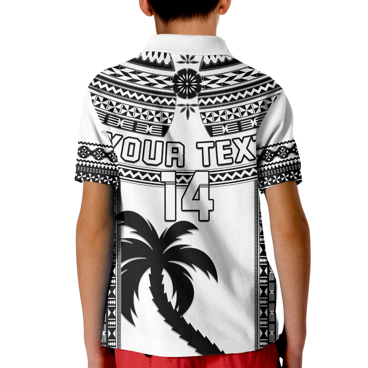 Kids rugby polo shirt back view, black-and-white tribal print with 'YOUR TEXT' and number 14