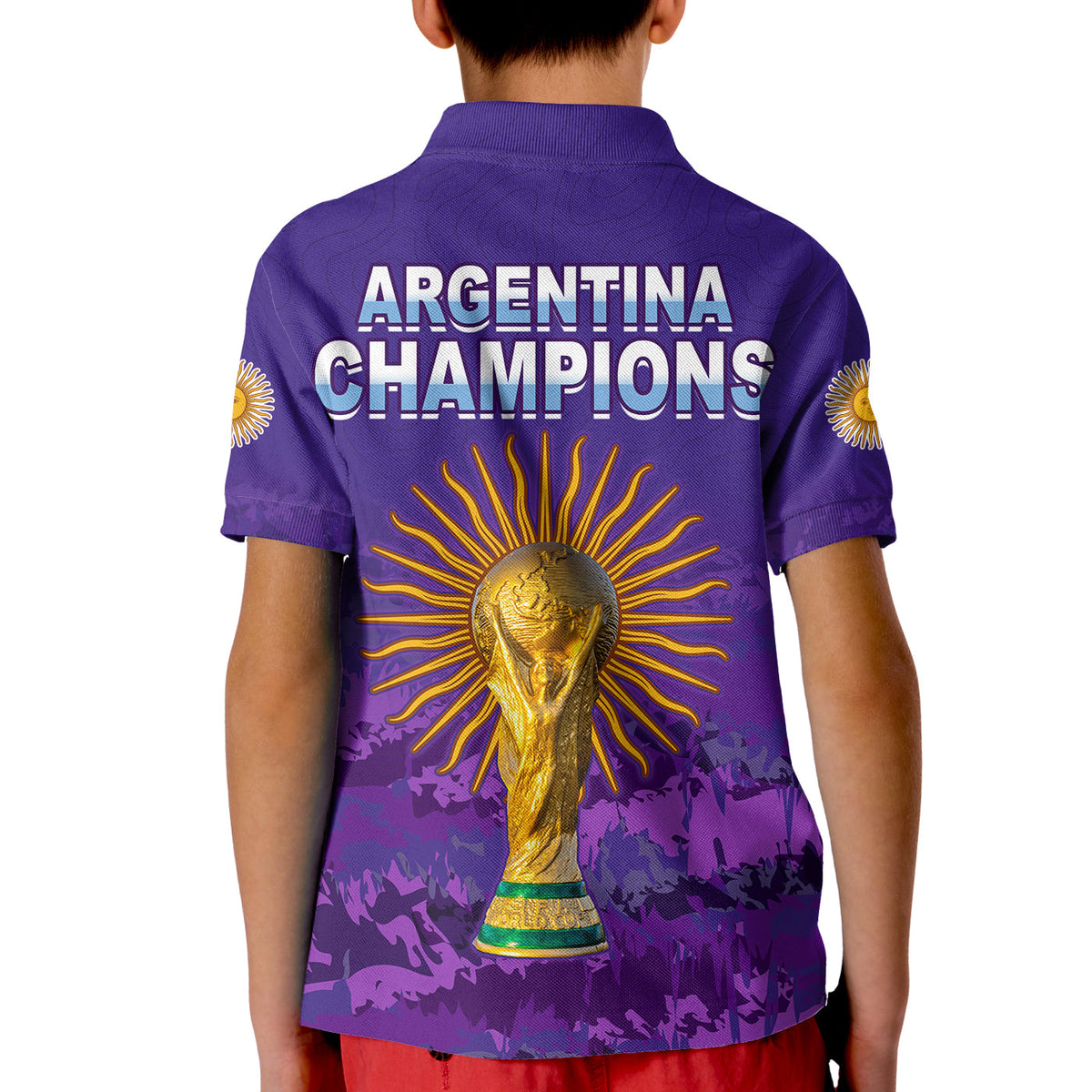 Purple kids football polo shirt with Argentina Champions text and trophy graphic