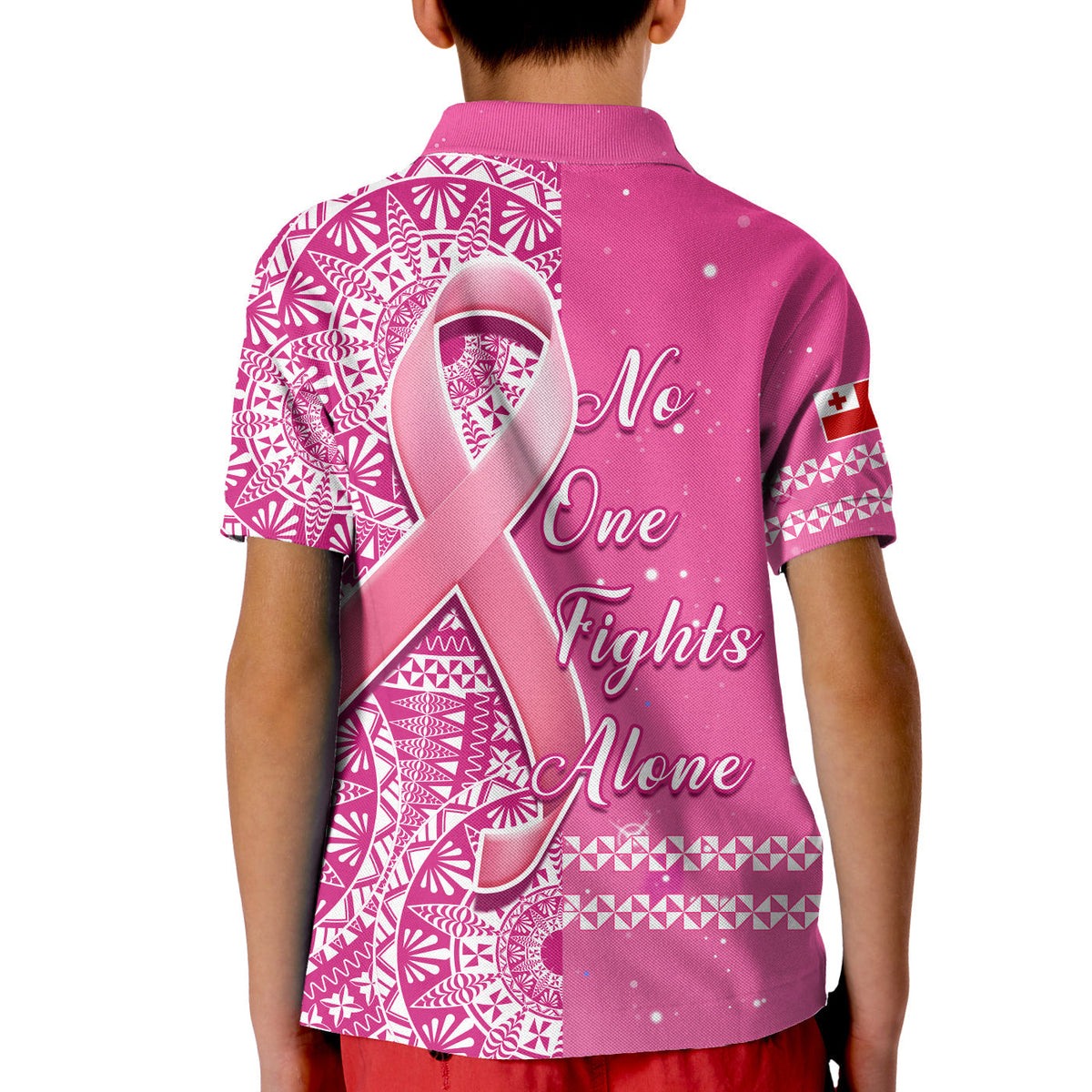 Tonga Breast Cancer Polo Shirt Tongan Ngatu Pattern No One Fights Alone - Wonder Print Shop