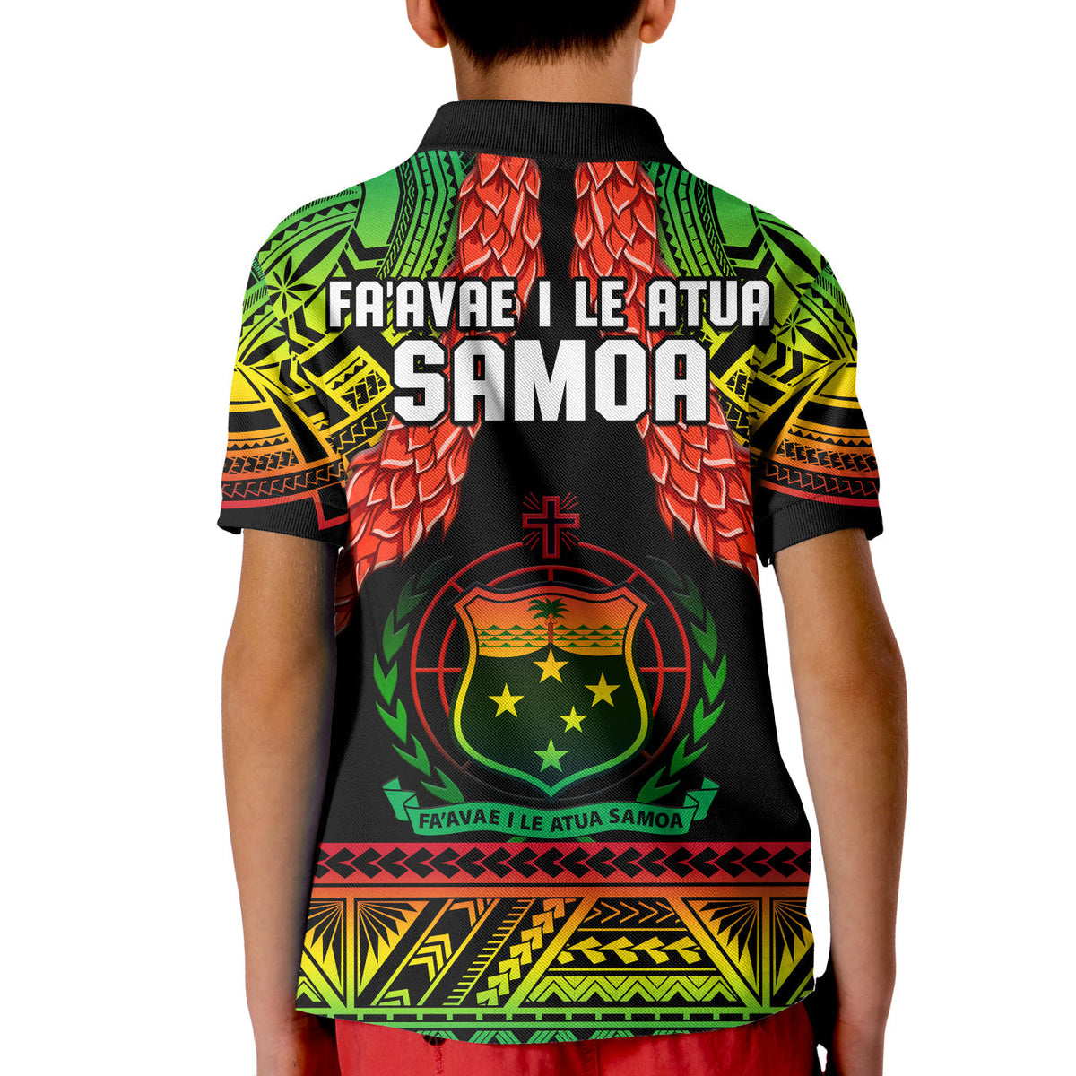 Kids rugby polo shirt back, black with green-yellow-red lettering and crest graphics