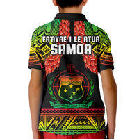 Kids rugby polo shirt back, black with green-yellow-red lettering and crest graphics
