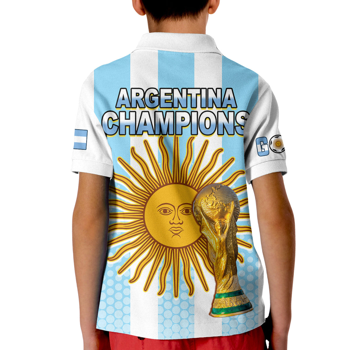 Kids soccer polo shirt with 'ARGENTINA CHAMPIONS' and sun-trophy back graphic