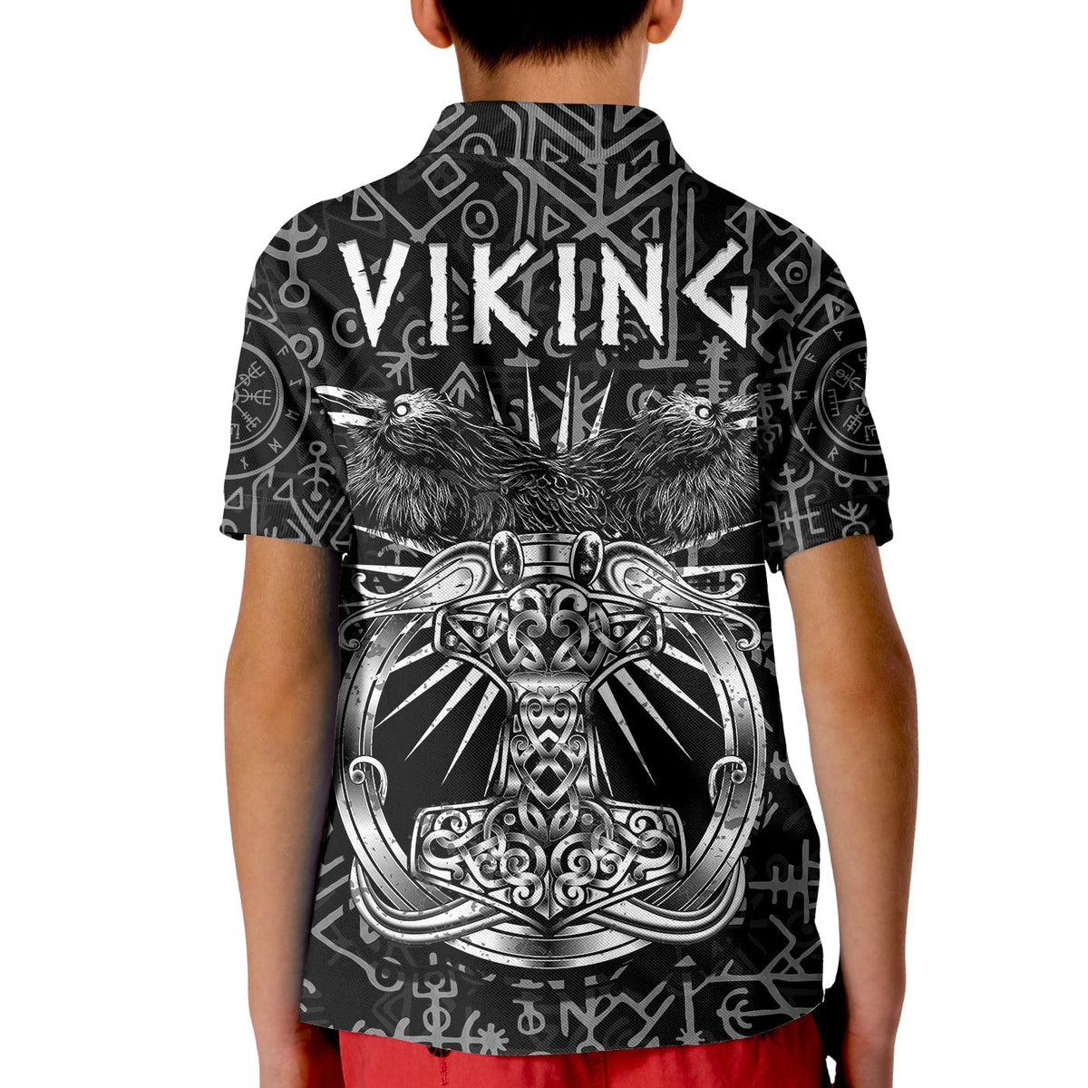 Kids black polo with back 'VIKINGS' shield design and ravens, button collar