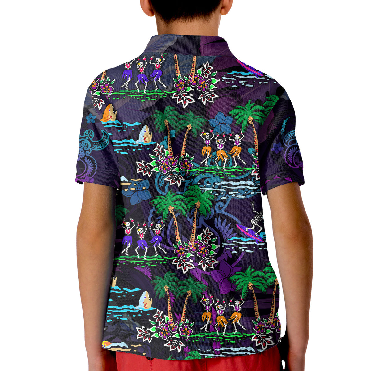 Hawaii Skeleton Dancing Polo Shirt KID Halloween Hawaiian Turtle LT13 - Wonder Print Shop