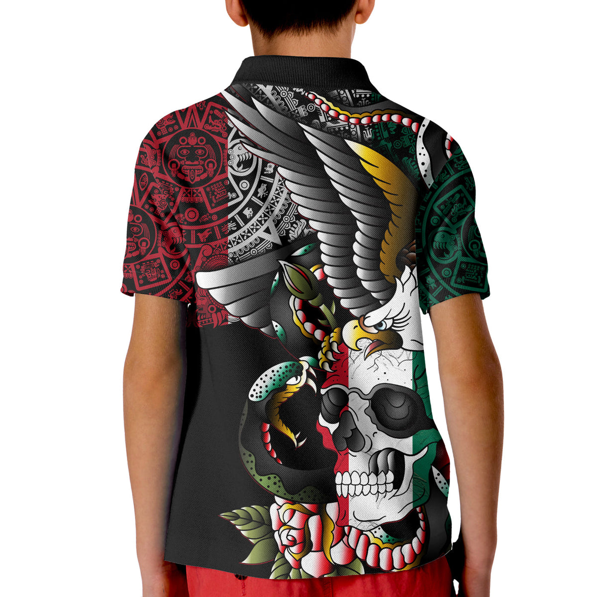 Custom Mexico Polo Shirt KID Mexican Skull Eagle With Angry Snake - Wonder Print Shop