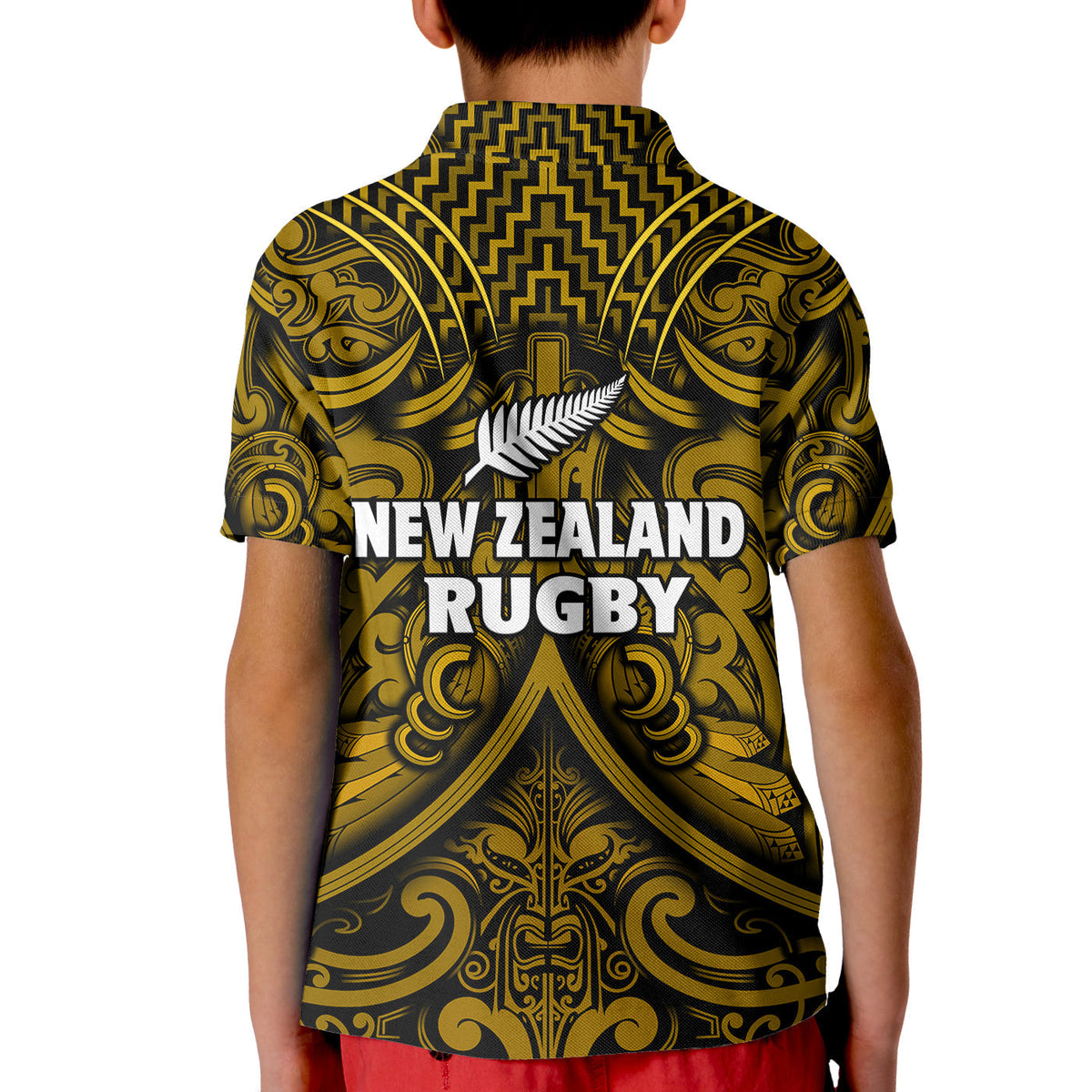 New Zealand Silver Fern Rugby Polo Shirt KID All Black Gold NZ Maori Pattern LT13 - Wonder Print Shop