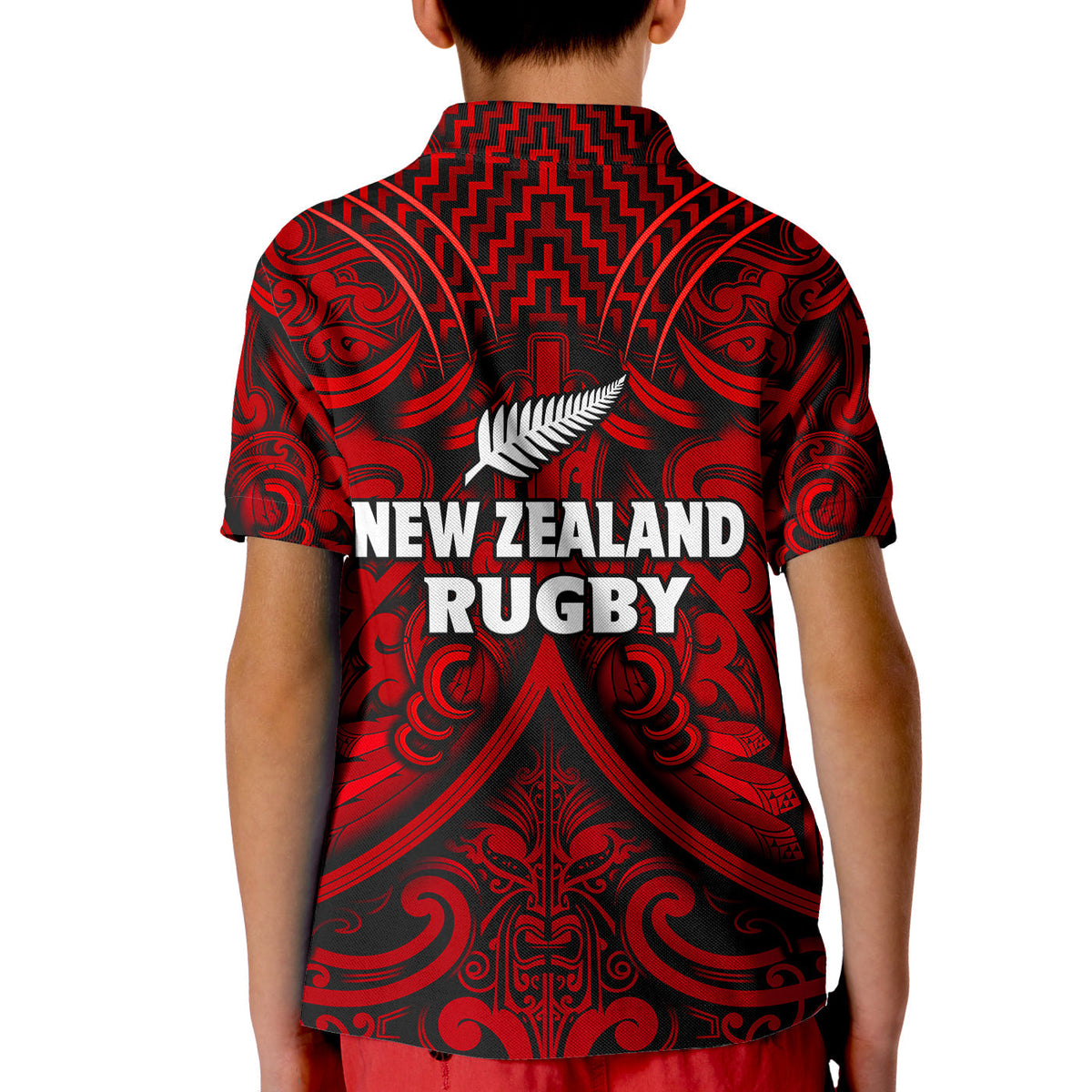 New Zealand Silver Fern Rugby Polo Shirt All Black Red NZ Maori Pattern LT13 - Wonder Print Shop
