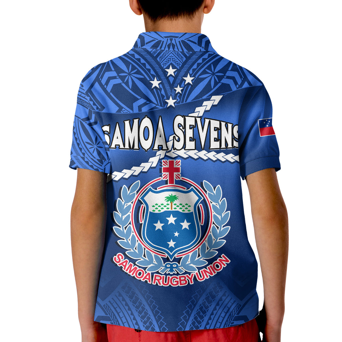 Samoa Rugby Polo Shirt KID Manu Samoa Polynesian Hibiscus Blue Style - Wonder Print Shop