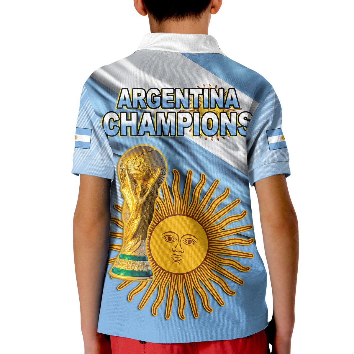 Blue football polo shirt back for kids; 'ARGENTINA CHAMPIONS' trophy and sun face graphic