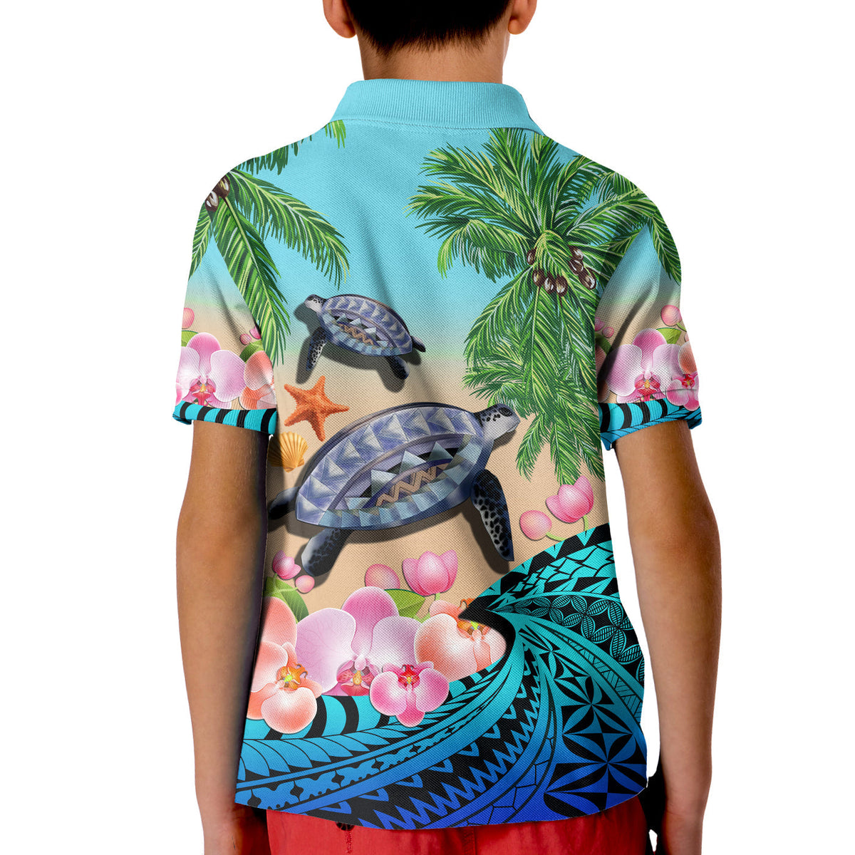 Polynesian Turtle Coconut Tree And Orchids Polo Shirt - Wonder Print Shop