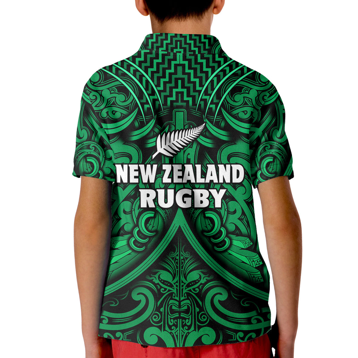 New Zealand Silver Fern Rugby Polo Shirt KID All Black Green NZ Maori Pattern LT13 - Wonder Print Shop