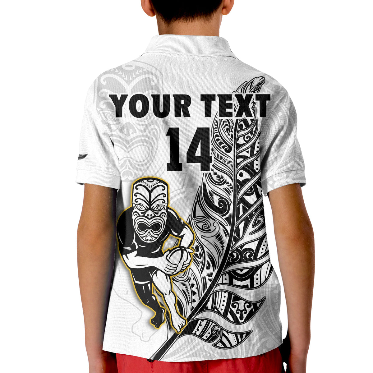 Custom Text And Number New Zealand 2022 Rugby Polo Shirt KID All Black Silver Fern Maori Pattern Version White - Wonder Print Shop