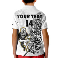 Custom Text And Number New Zealand 2022 Rugby Polo Shirt KID All Black Silver Fern Maori Pattern Version White - Wonder Print Shop