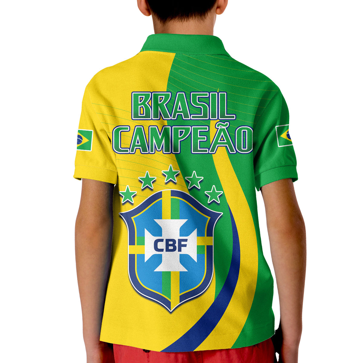 Kids polo shirt back with BRASIL CAMPEAO lettering, CBF crest, green yellow blue stripes
