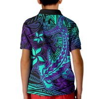 Custom Polynesian Polo Shirt KID Purple Paradise Hawaiian Tribal Hammerhead Shark - Wonder Print Shop