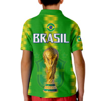 Kids green Brazil polo with back BRASIL text and gold trophy graphic