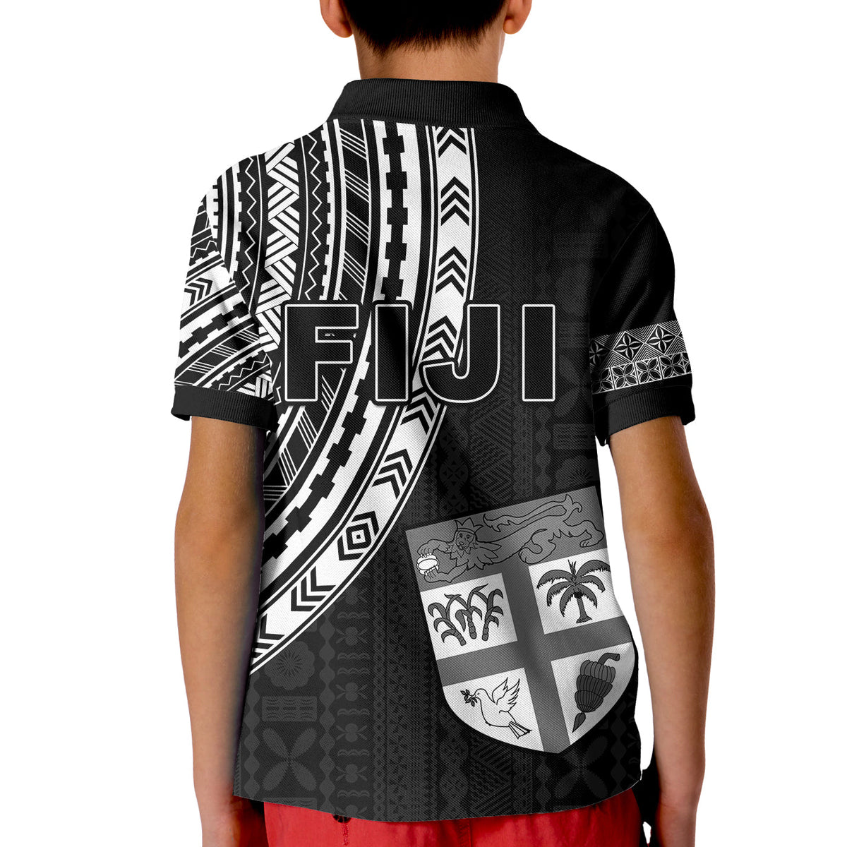 Kids black rugby polo shirt with back graphic, crest, shield icons, and geometric stripes