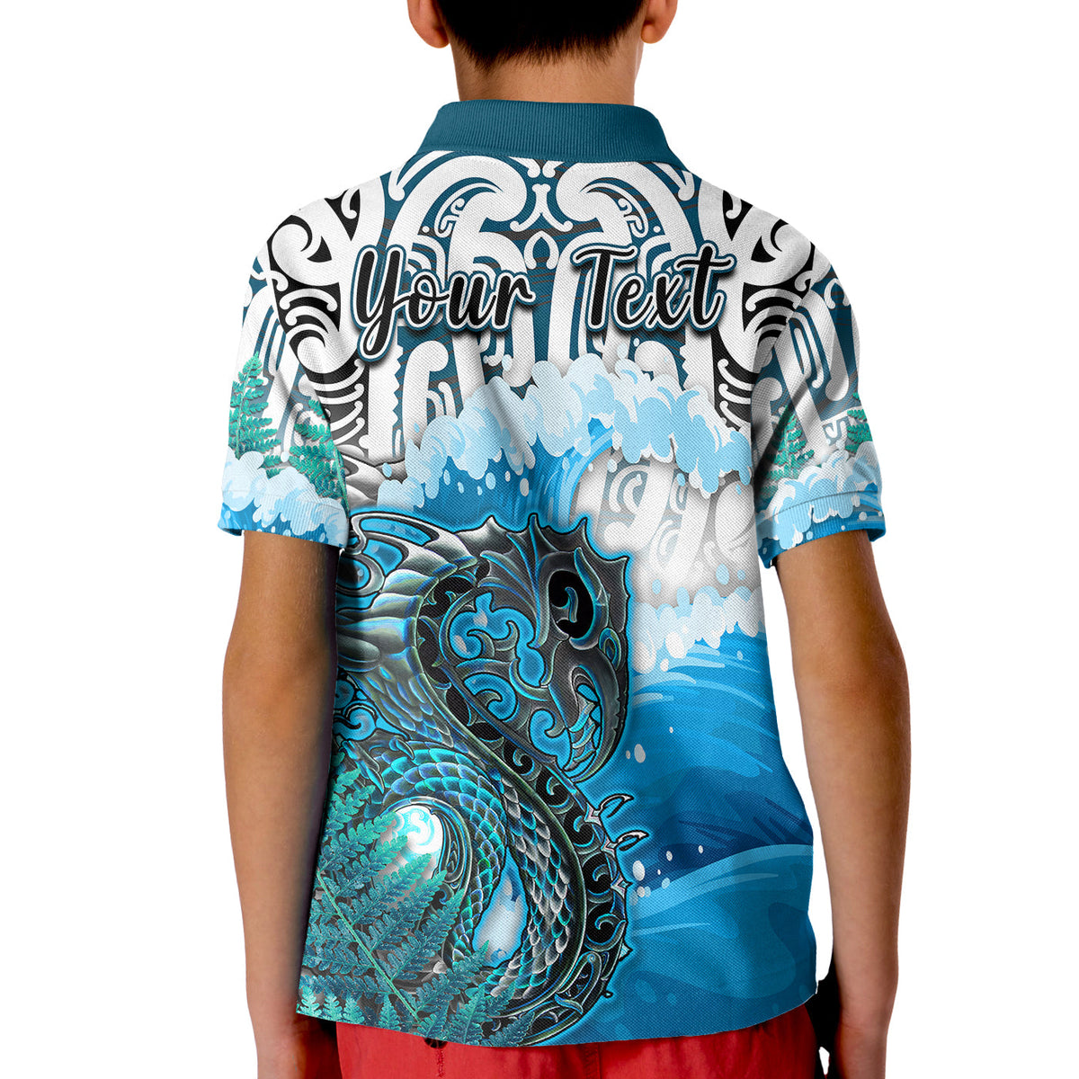 Custom Manaia Maori Polo Shirt KID Fern Aotearoa Blue Waves LT13 - Wonder Print Shop