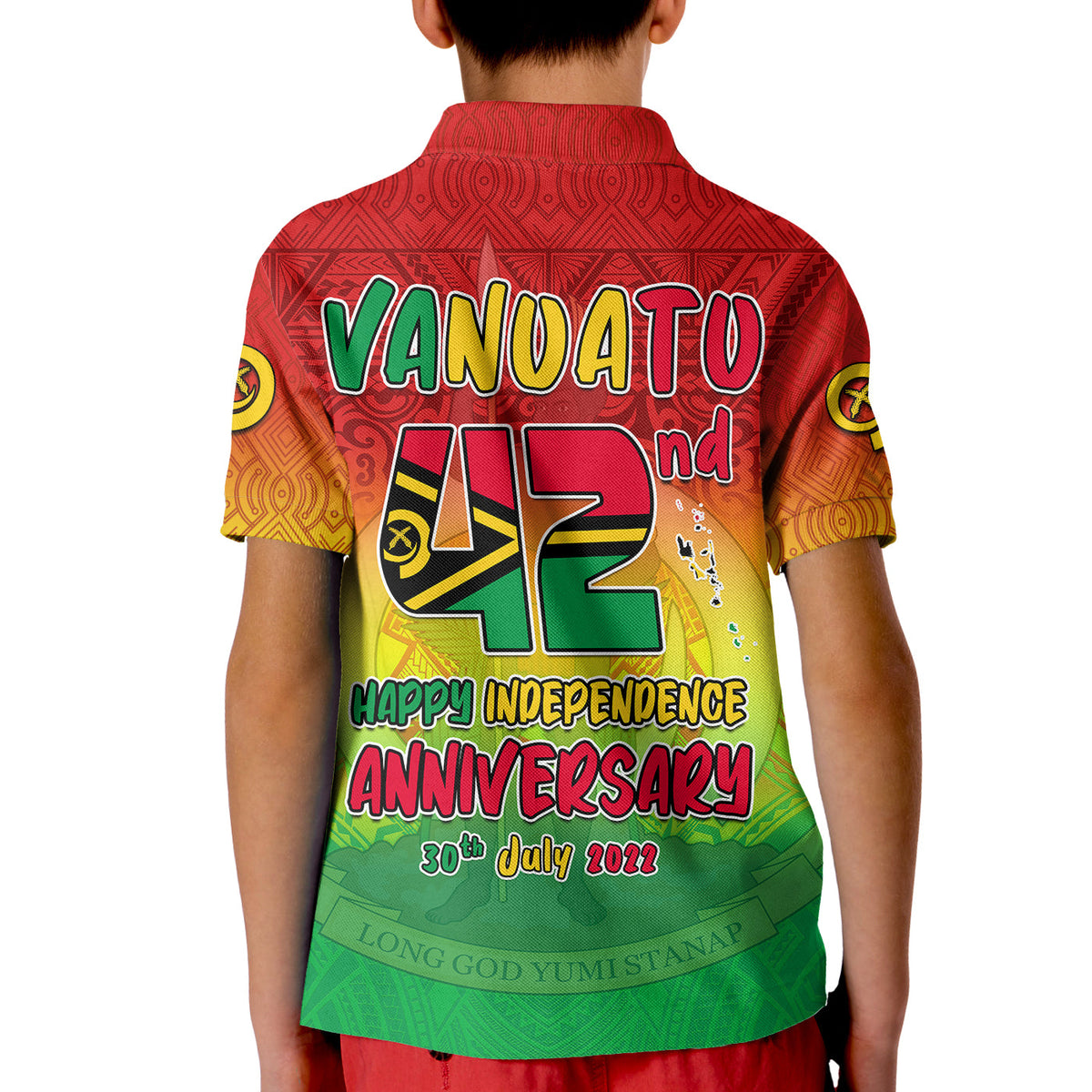Back of kids polo shirt with VANUATU 42nd and Happy Independence Anniversary design