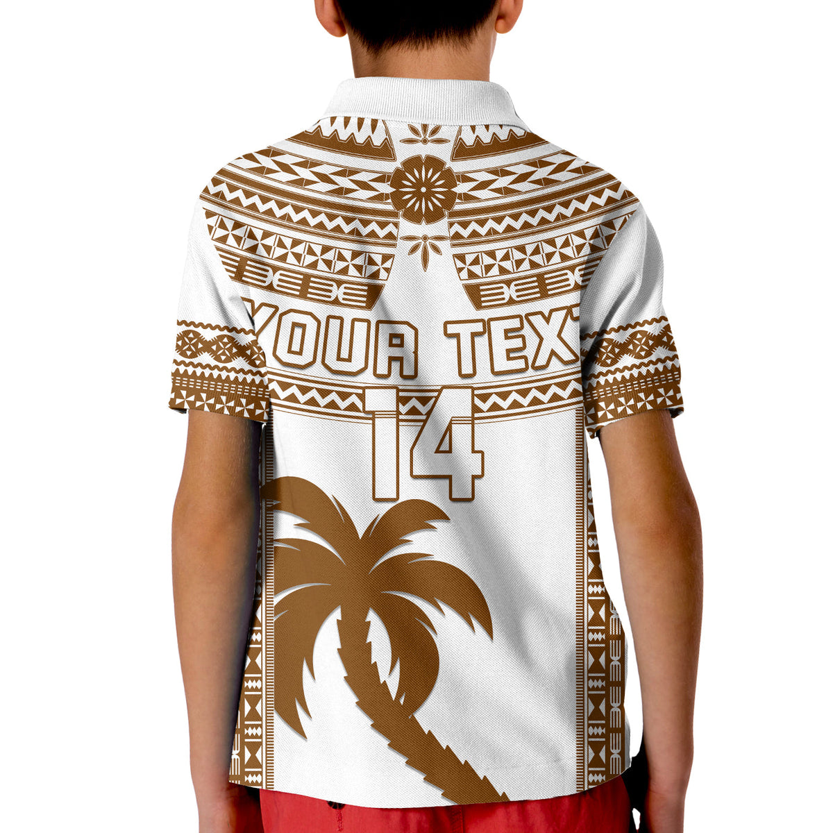 Rugby polo shirt, white with brown tapa pattern, Your Text and number 14 with palm tree