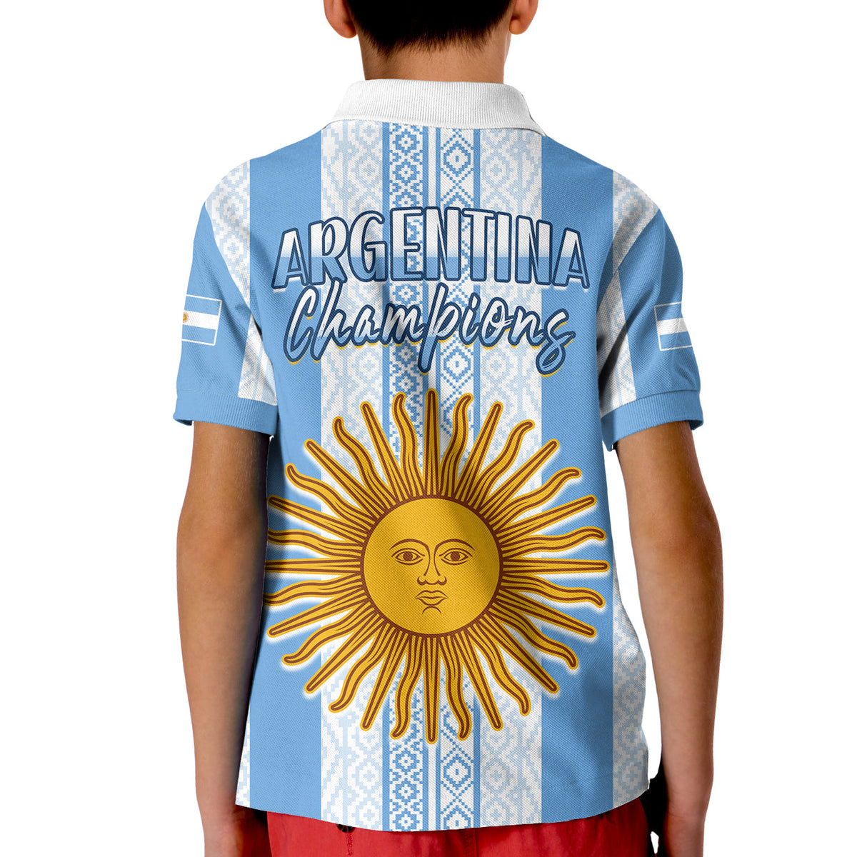 Kids Argentina football polo shirt with back graphic sun and "Argentina Champions" text.