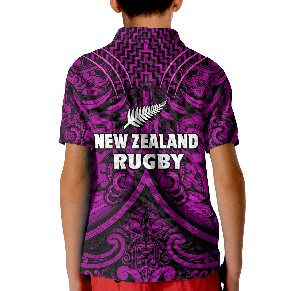 Purple rugby polo shirt back with New Zealand Rugby text and silver fern, Maori-style print