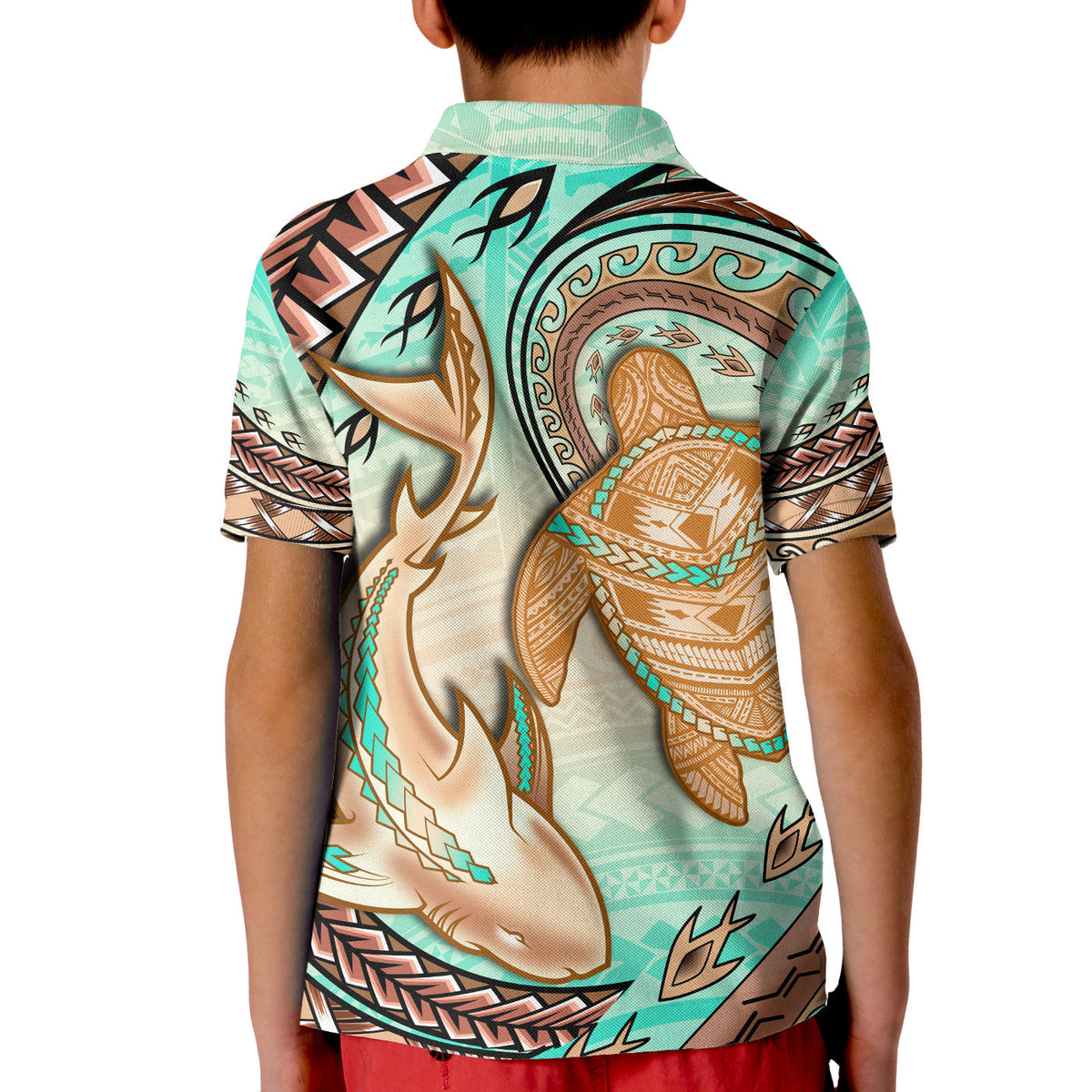 Hawaii Polo Shirt KID Polynesian Shark And Sea Turtle Dreamy Turquoise Artsy - Wonder Print Shop