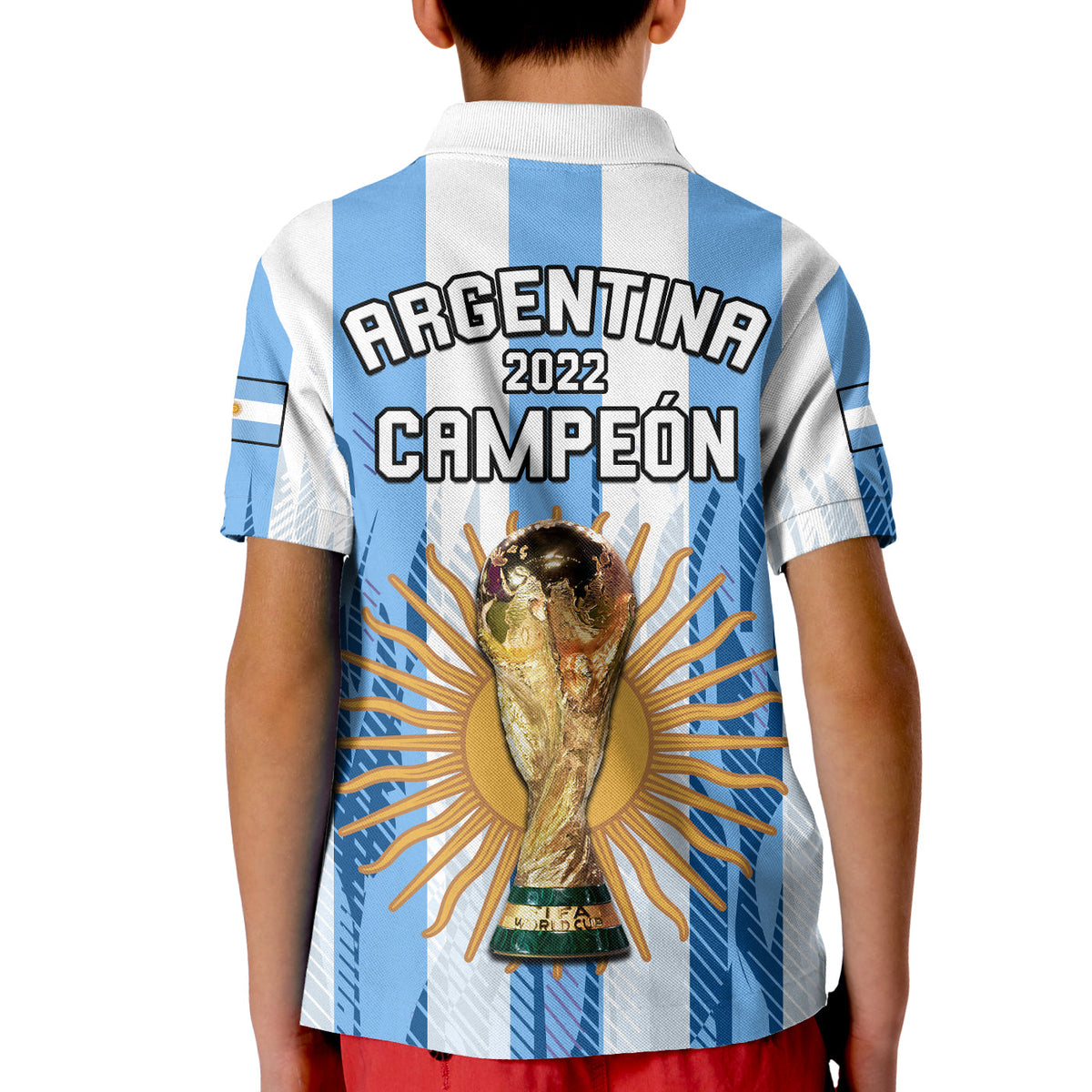 Kids Argentina polo shirt, light blue and white stripes, Argentina Campeon back print.