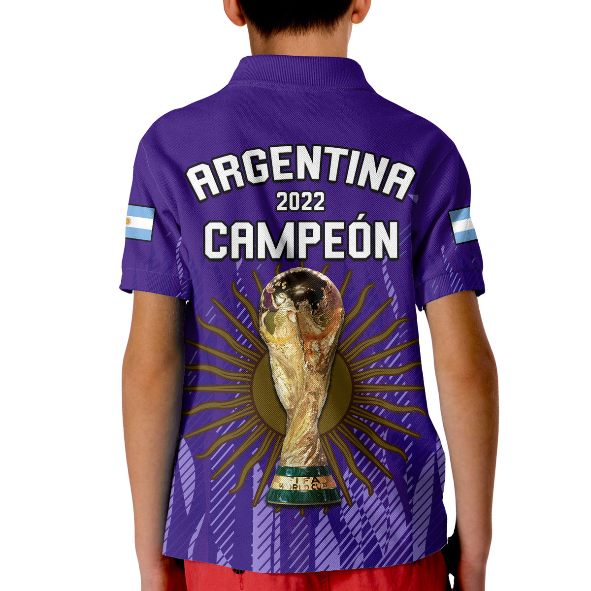 Kids purple football polo shirt with Argentina 2022 Campeon print and large trophy on back