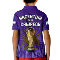 Kids purple football polo shirt with Argentina 2022 Campeon print and large trophy on back