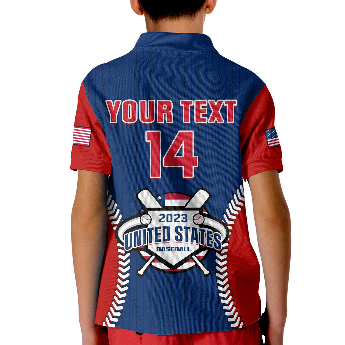 Kids baseball polo shirt back, blue with red sleeves, Your Text 14 and USA emblem