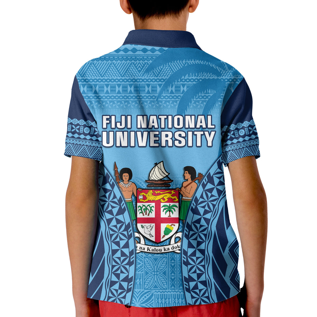 Fiji University Polo Shirt KID National Fijian Tapa Pattern Blue - Wonder Print Shop