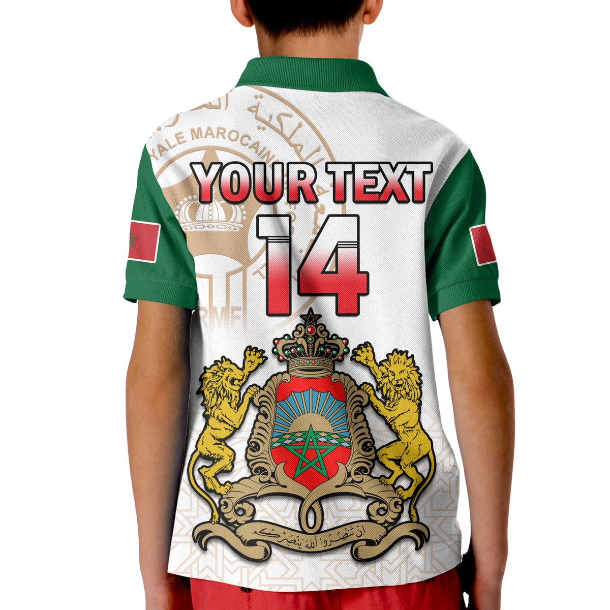 (Custom Text and Number) Morocco Football Polo Shirt KID Atlas Lions White Football 2022 - Wonder Print Shop