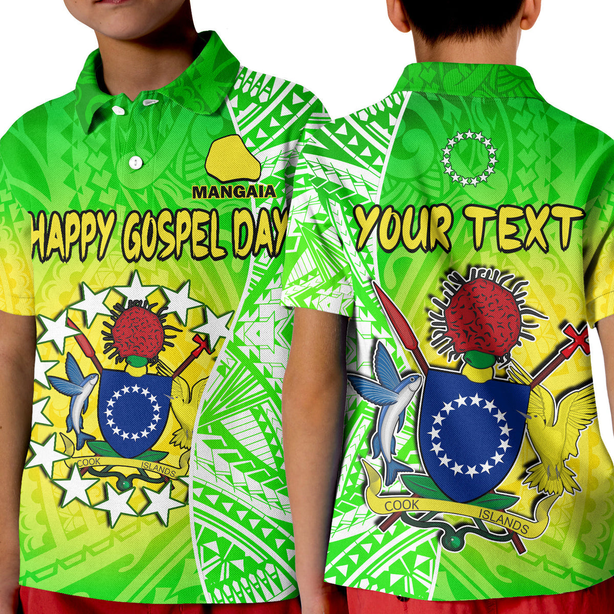 Custom Happy Mangaia Gospel Day Polo Shirt Cook Islands Coat Of Arms Polynesian Pattern - Wonder Print Shop