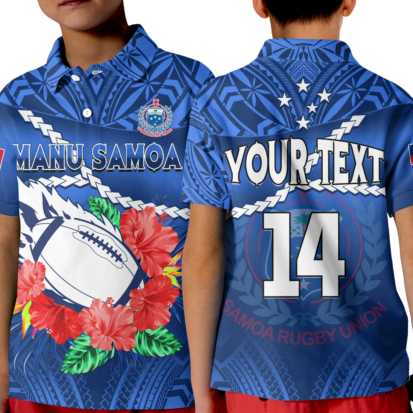 custom-text-and-number-samoa-rugby-polo-shirt-kid-manu-samoa-polynesian-hibiscus-blue-style