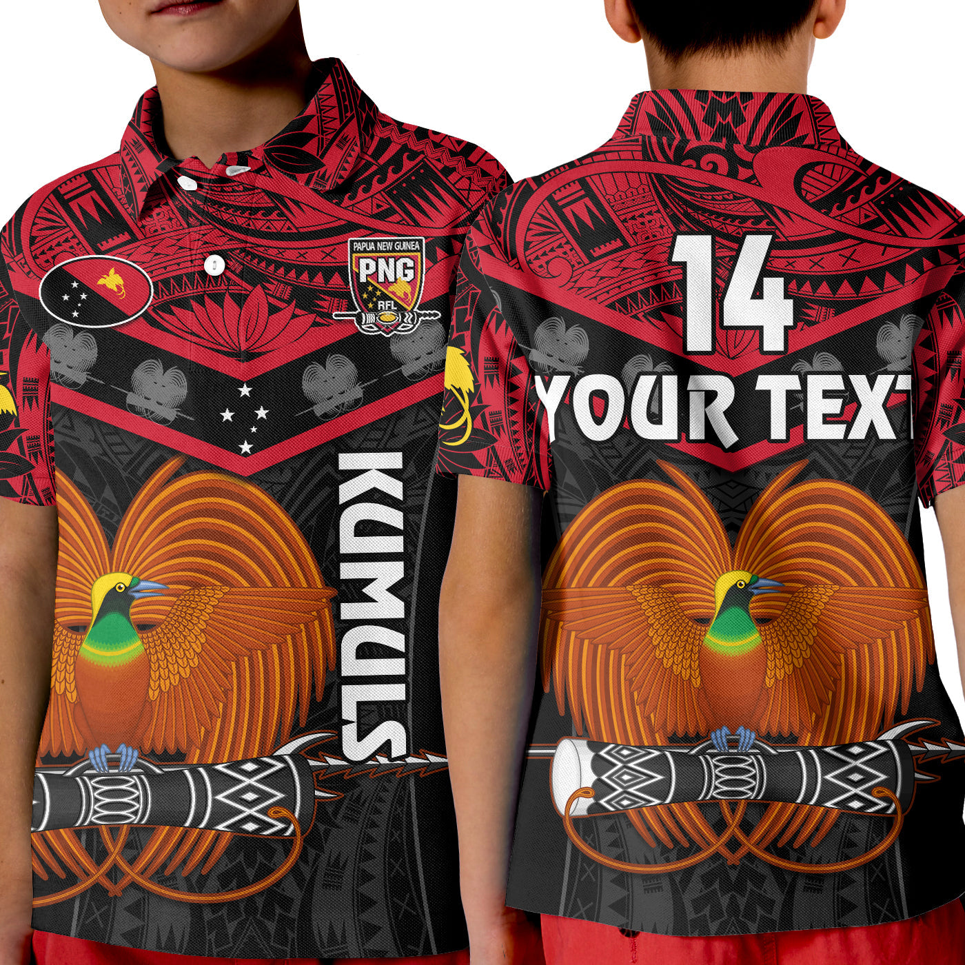 Custom Text And Number Papua New Guinea Rugby Polo Shirt KID PNG Kumuls Bird Of Paradise Black - Wonder Print Shop