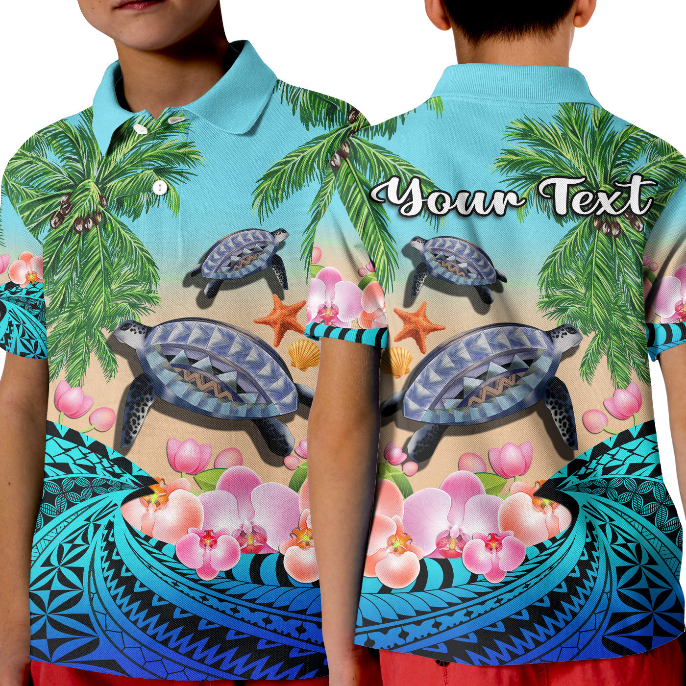 Custom Polynesian Turtle Coconut Tree And Orchids Polo Shirt KID - Wonder Print Shop