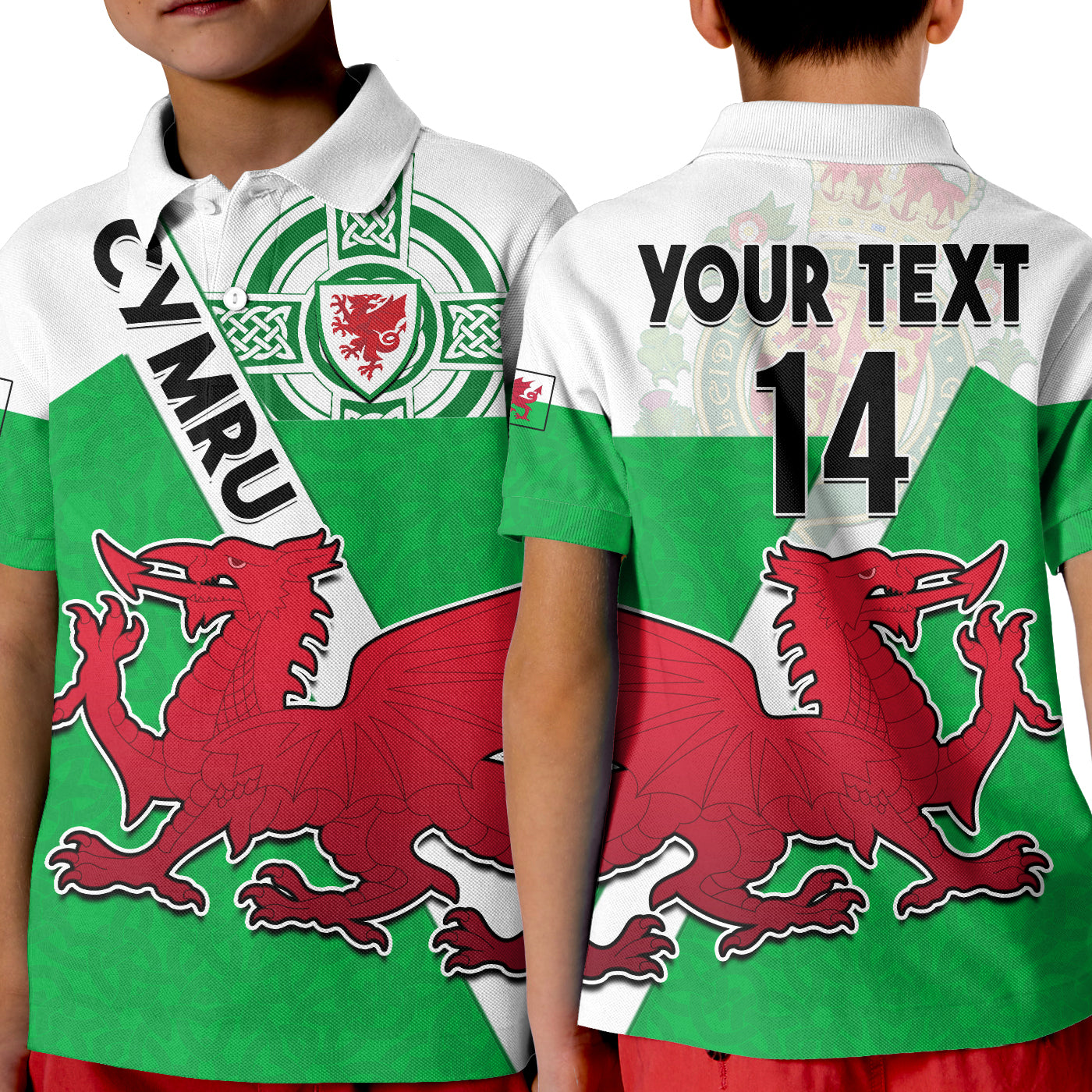 custom-text-and-number-wales-football-polo-shirt-kid-come-on-welsh-dragons-with-celtic-knot-pattern