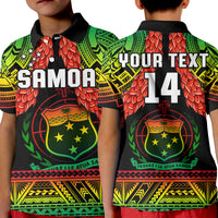 Kids rugby polo T-shirt, black collar, SAMOA crest with red scale pattern and green/yellow print