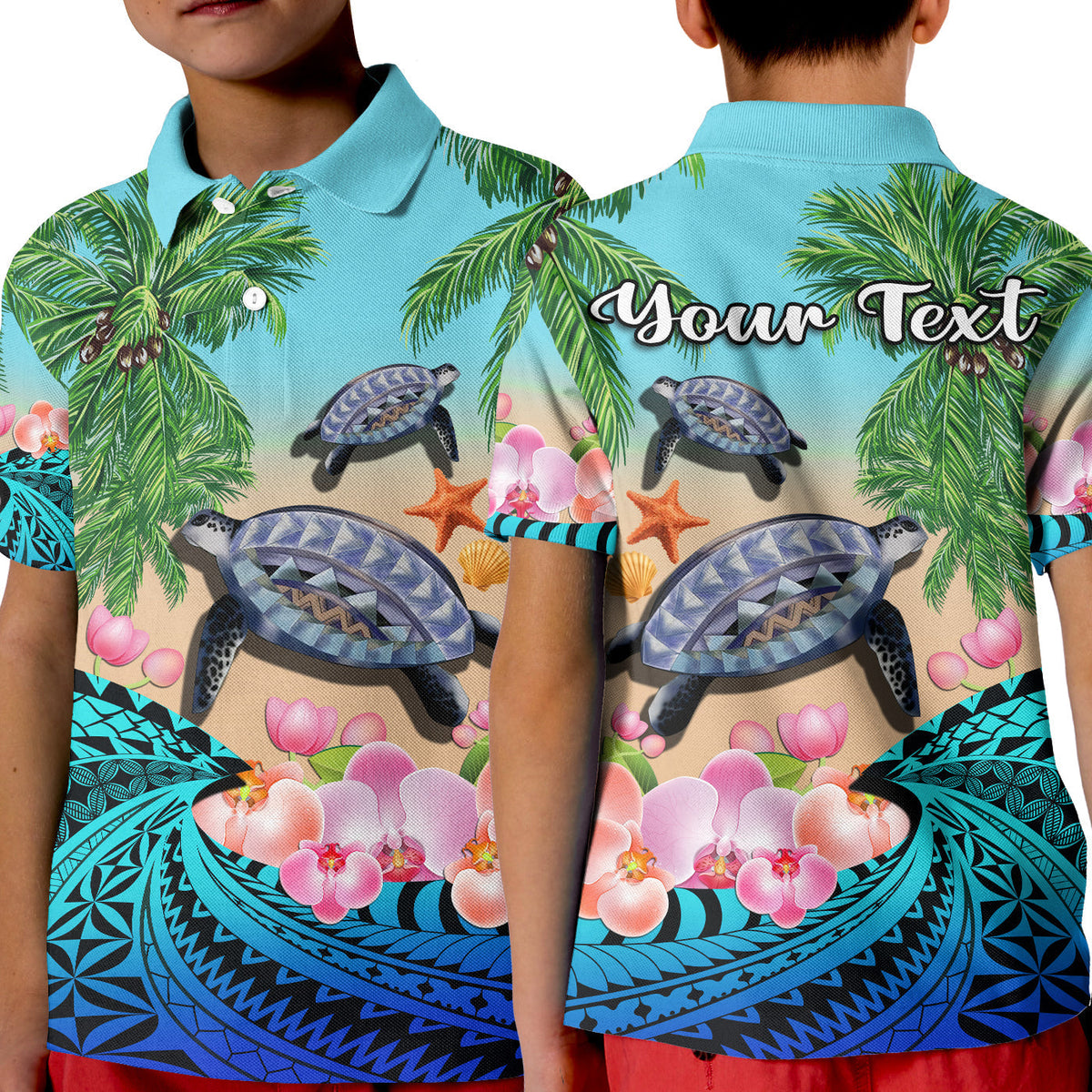 Custom Polynesian Turtle Coconut Tree And Orchids Polo Shirt - Wonder Print Shop