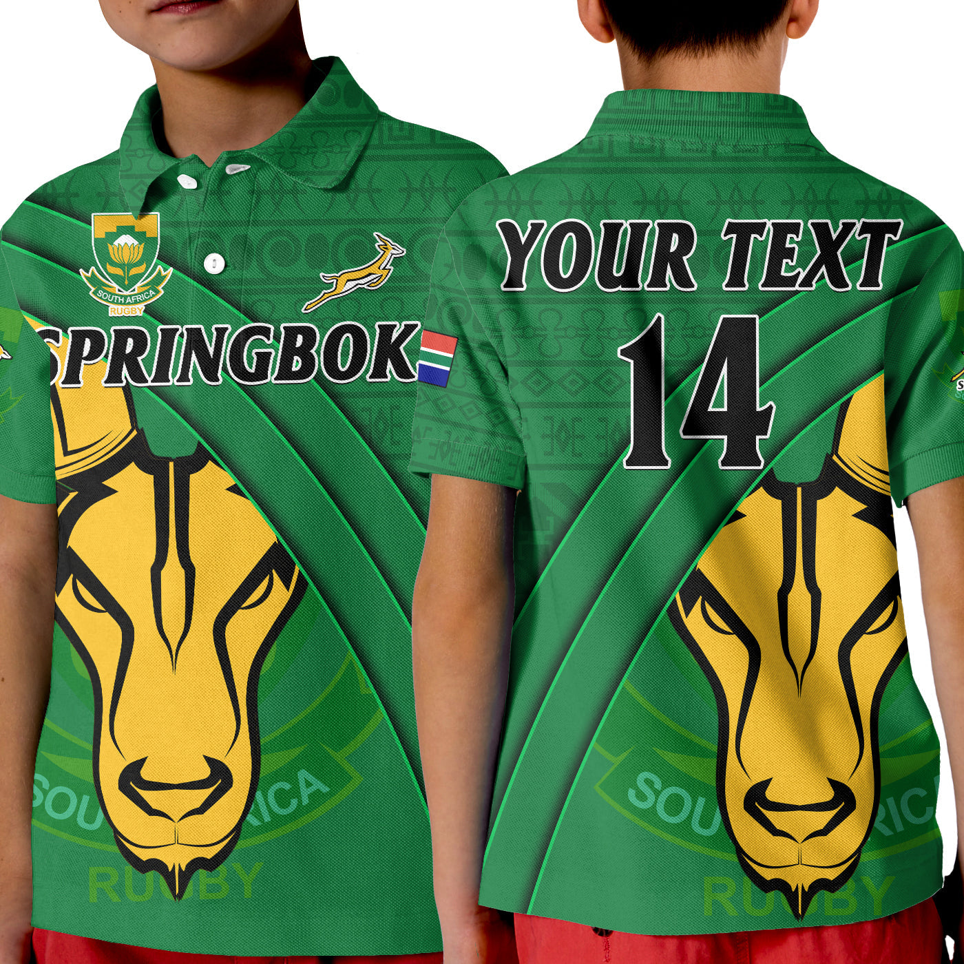 custom-text-and-number-south-africa-rugby-polo-shirt-kid-bokke-springbok-with-african-pattern-stronger-together