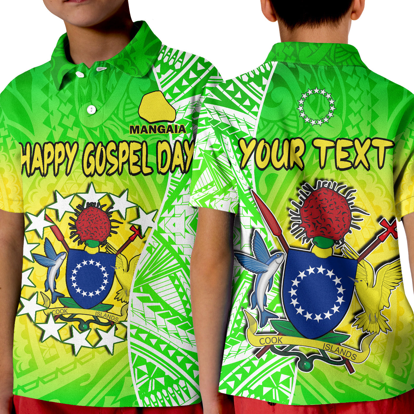 custom-personalised-happy-mangaia-gospel-day-polo-shirt-kid-cook-islands-coat-of-arms-polynesian-pattern