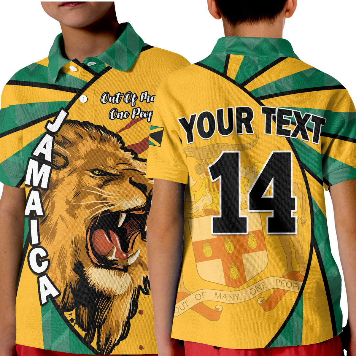 (Custom Text and Number) Jamaica Athletics Polo Shirt KID Jamaican Flag Mix Lion Sporty Style - Wonder Print Shop