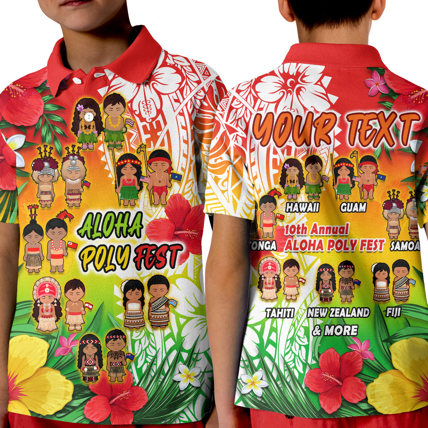 Custom Aloha Poly Fest Polo Shirt KID Polynesian Pattern With Tropical Flowers - Wonder Print Shop